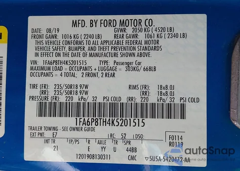 2019 Ford Mustang from USA, damaged, VIN 1FA6P8TH4K5201515